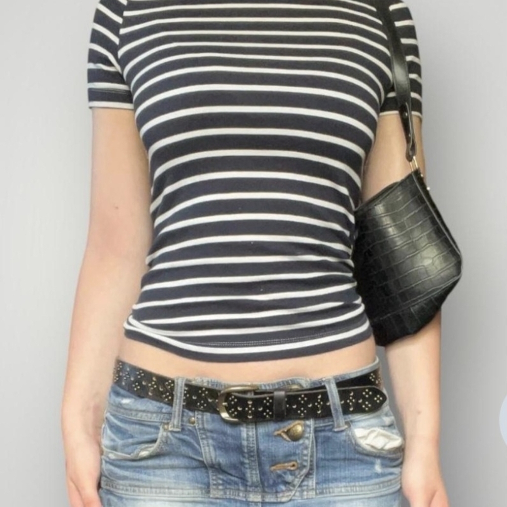 Petit Bateau Navy and White Striped Short Sleeve Tee